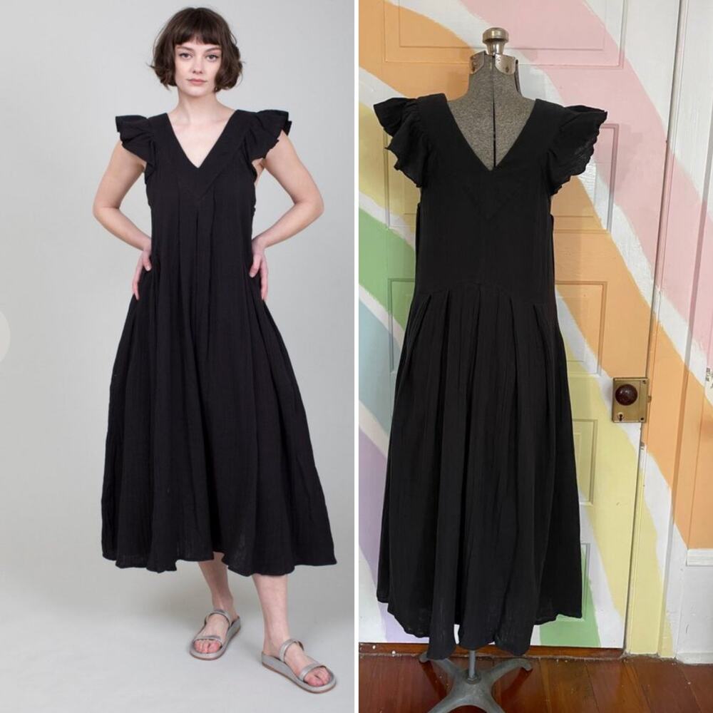 ✨Mille Resort & Travel Catarina Black Cotton Gauze Midi Ruffle Dress Sz S